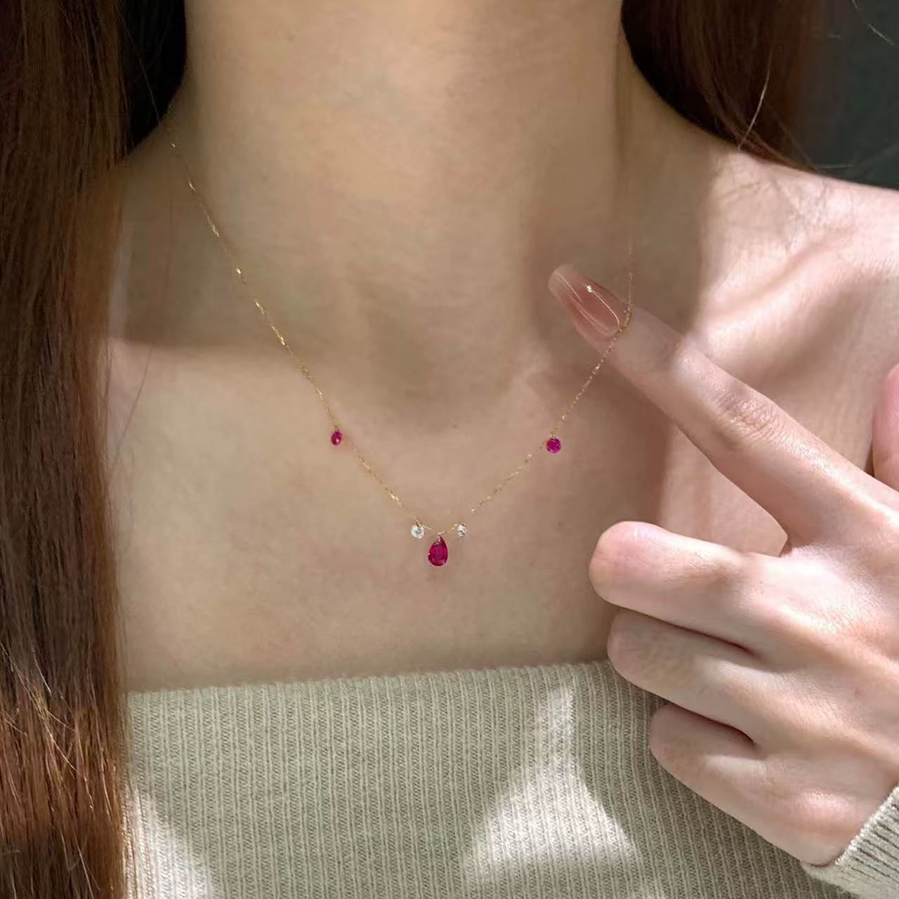 S925纯银复古玫瑰红水滴流苏耳环女时尚轻奢小众高端感项链饰品详情4