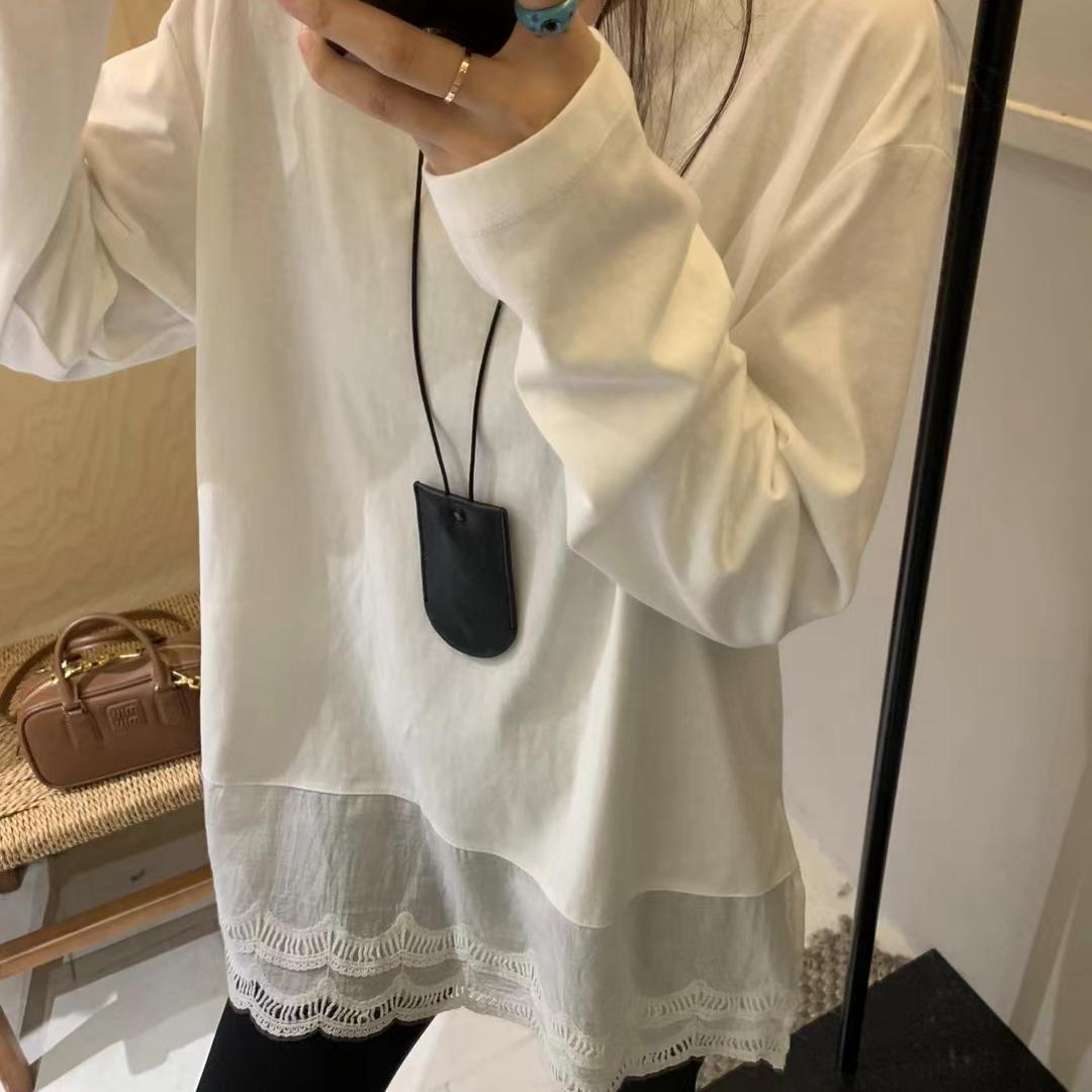 New Autumn/Winter 2024 cotton patchwork lace base layer, women's brushed lace white long-sleeved T-shirt Item Picture