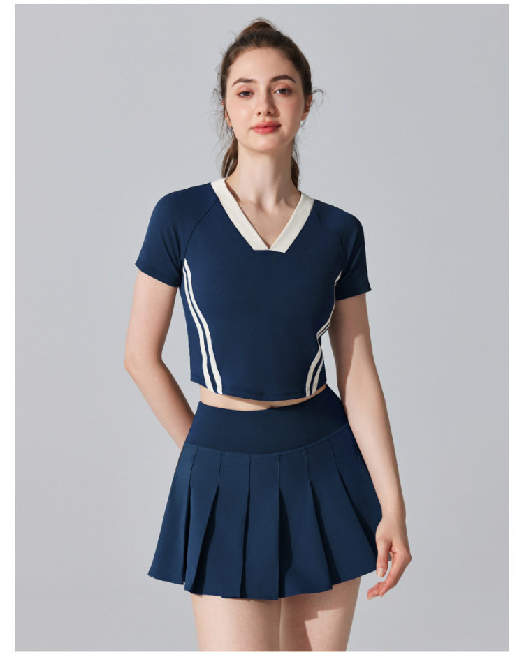 夏款复古V领瑜伽服运动健身修身短袖羽毛网球上衣跑步吸汗速干T恤详情21