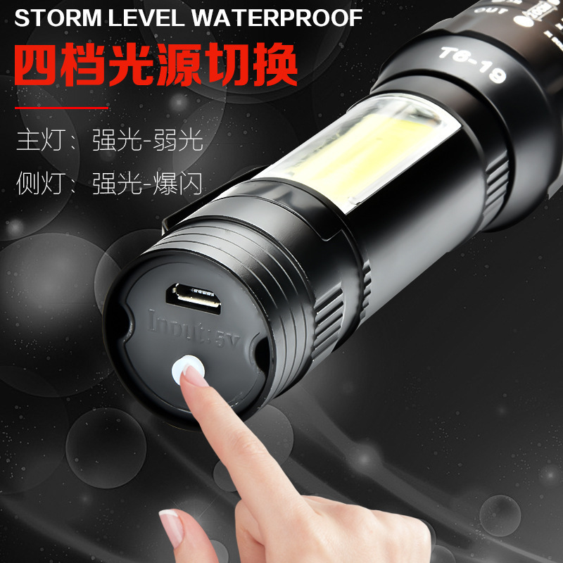 Usb Charging With Side Light Pen Clamp Flashlight T6 Stretch Zoom Aluminum Alloy Led Waterproof Adjustable Range Item Picture