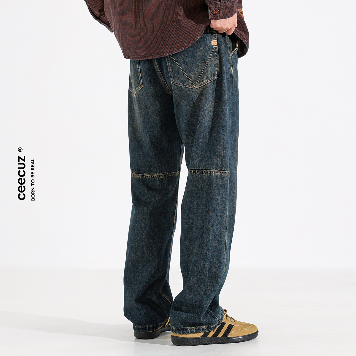 Men's autumn and winter jeans with fleece 2024 new retro pants, American high street straight-leg loose men's long pants details Picture