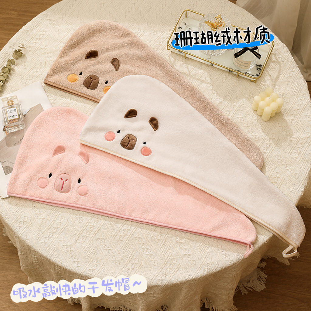Capibara Capybara Coral Velvet Triangular dry hair cap, Absorbent quick-drying thickened dry hair towel, makeup removal and postpartum headscarf Specification image