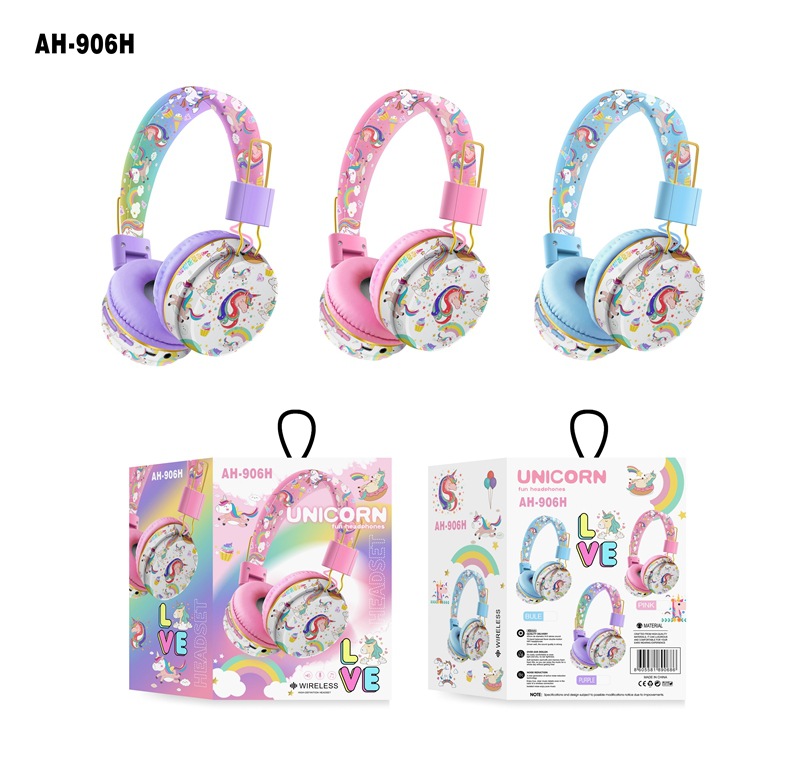 Transfronteriza nuevo AH-906H lindo unicornio dibujos animados bluetooth auriculares niños aprender headwear plegable inalámbrico