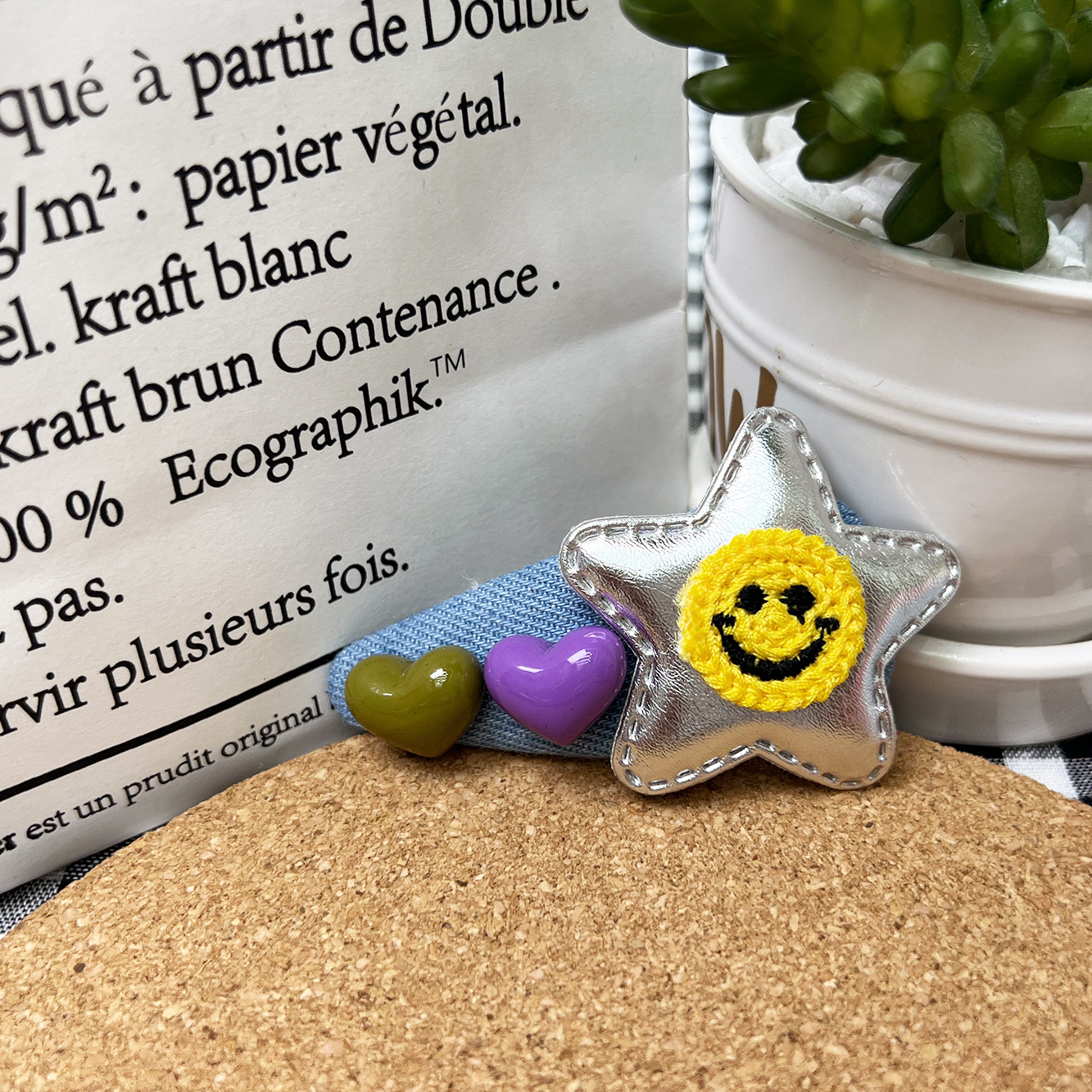 Trendy fabric denim star color-blocking hair, smiling face bb clip, elegant bangs clip, sweet and cool side clip headwear for women