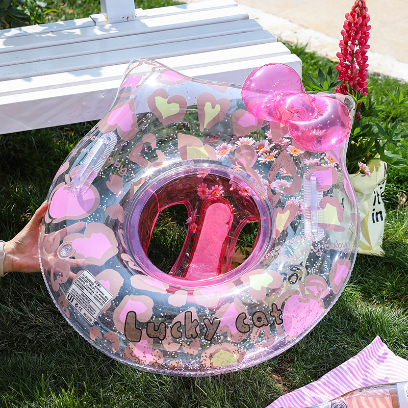 24 New Leopard Print Cat Head Swimming Ring Cartoon Bow Swimming Ring Children's Environmental Transparent Film Handle Seat Ring