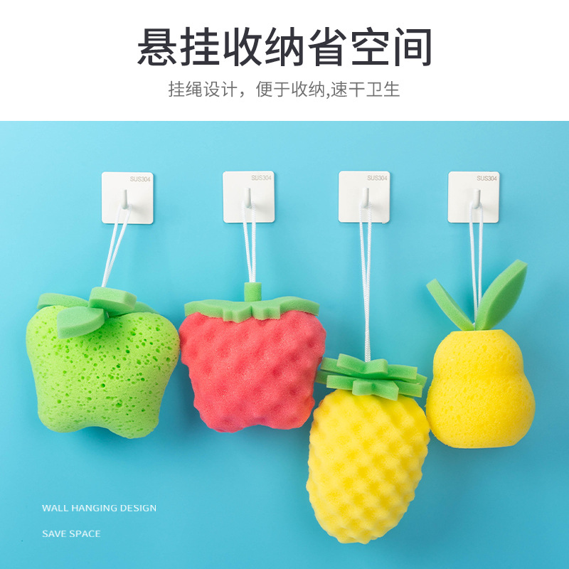 Junmei Cartoon Three-Dimensional Bath Sponge New Fruit Children Bath Ball Can Be Suspended Bath Sponge Specification drawing