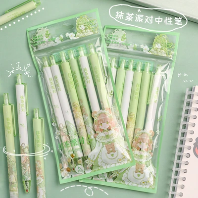 Bag 6 Matcha Party Press Neutral Pen Student St Pen Quick-Drying Water-Based Pen Black Signature Pen Office