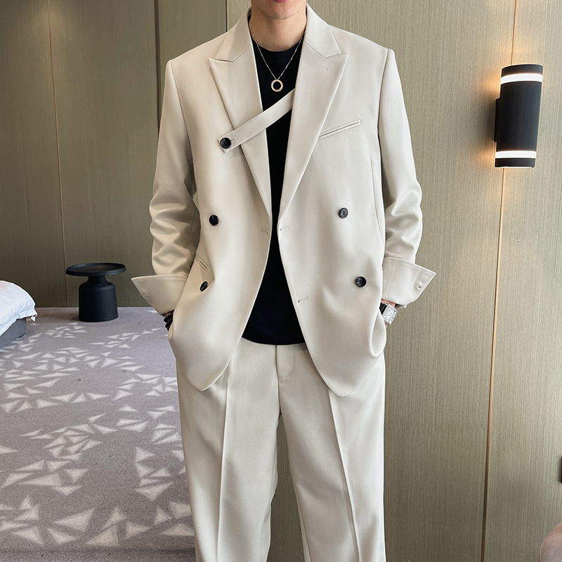 西服套装轻熟风男式翻领宽松胸带设计双排扣休闲西装休闲裤两件套