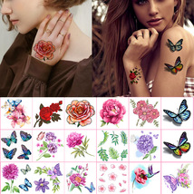 跨境专供 小花朵纹身贴女 3D彩色纹身贴纸玫瑰荷花蝴蝶花朵tattoo