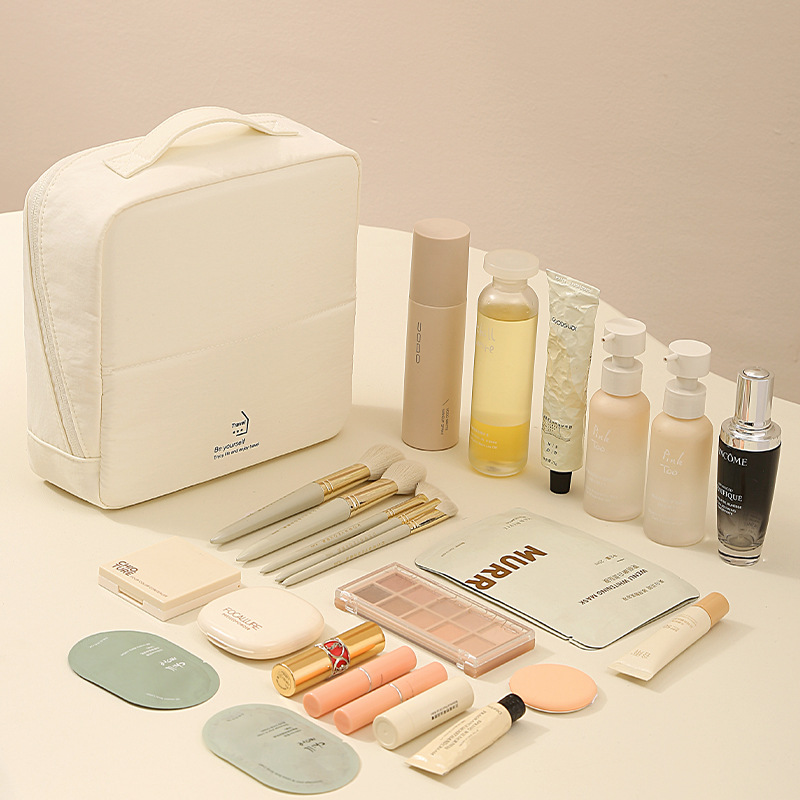 Folding makeup bag, large opening, standing, large capacity, waterproof cosmetics storage bag, office desktop organizing bag, pen case Specification image