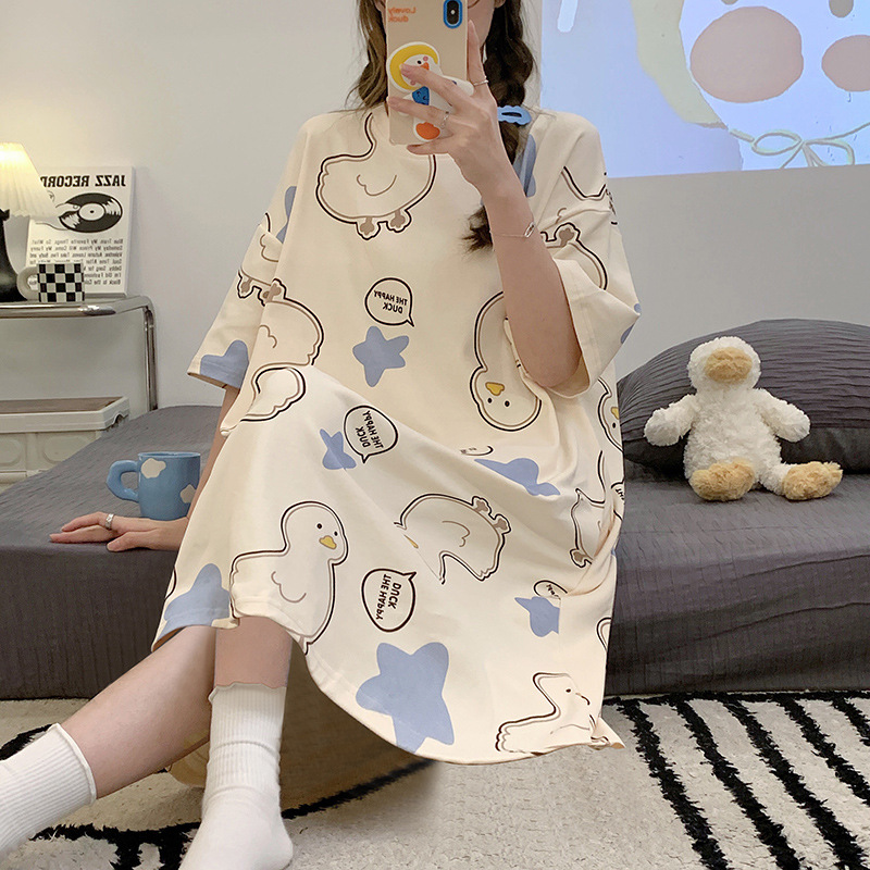 New Nightdress Women Short Sleeve Cotton Summer Korean Version Of Students Sweet Cute Cartoon Loose Large Size Ladies Home Wear Specification drawing