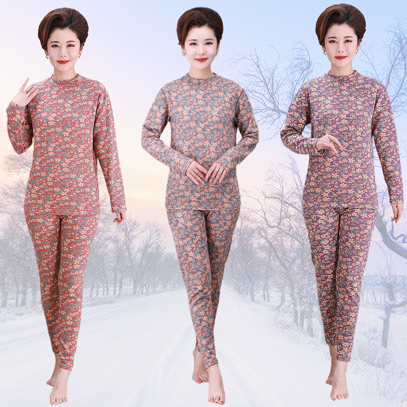 中老年大码印花徳绒保暖套装女士半高领宽松秋冬加绒妈妈装批发