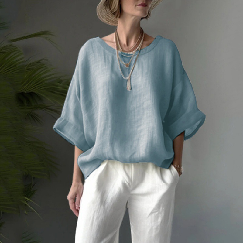 2024 cross-border new product solid color comfortable and casual round-neck cotton and linen off-the-shoulder loose and slimming women's large-sized shirt in stock Application Scenario