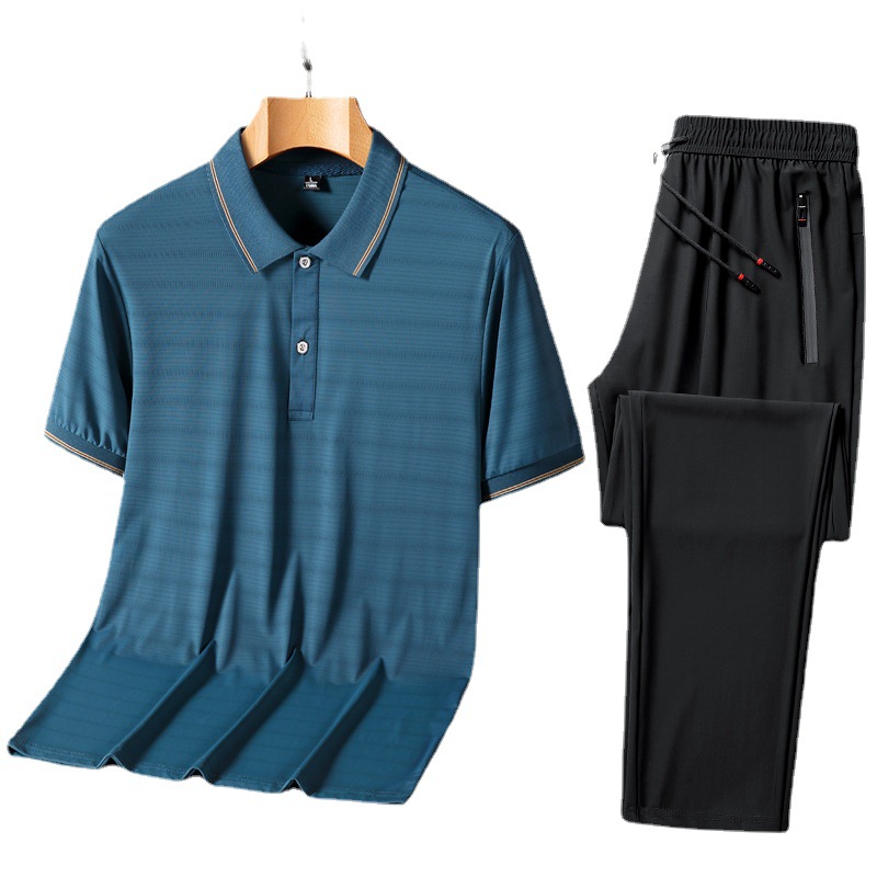 Short-sleeved T-shirts, men's ice silk POLO shirts, elderly clothes, middle-aged and elderly dad outfits, casual sports sets, summer dad outfits Item Picture