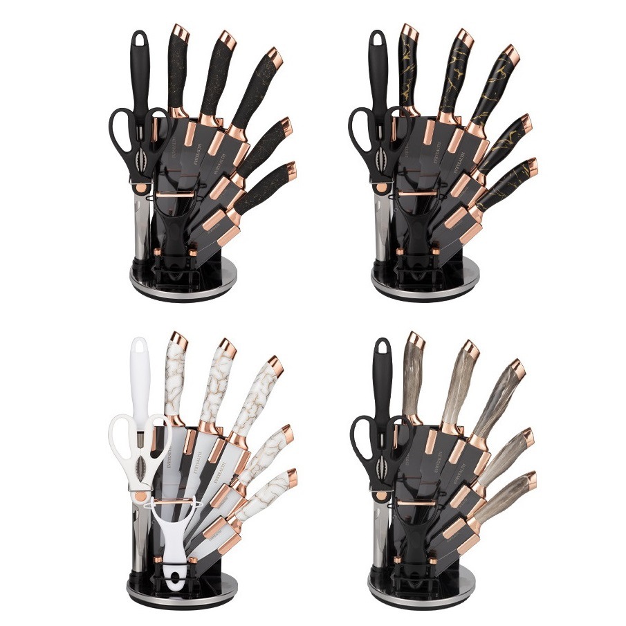 Marble Knife Set Kitchen Rose Gold Revolving Square Seat 7 89-Piece Black Steel Gift Knife Cross Border Cutter Item Picture
