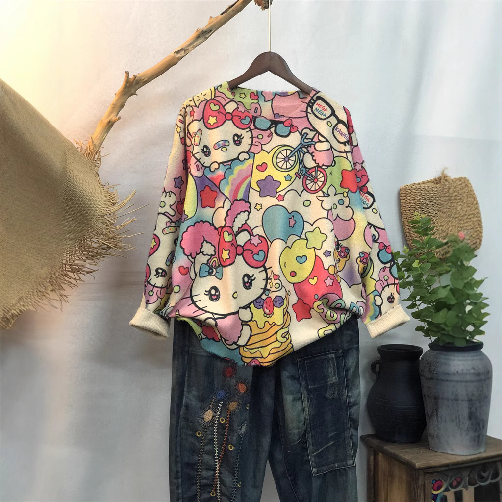 Plate-size women's 2024 new early spring and autumn thin hoodie for women, cartoon round-neck loose long-sleeved slimming Korean-style top Application Scenario