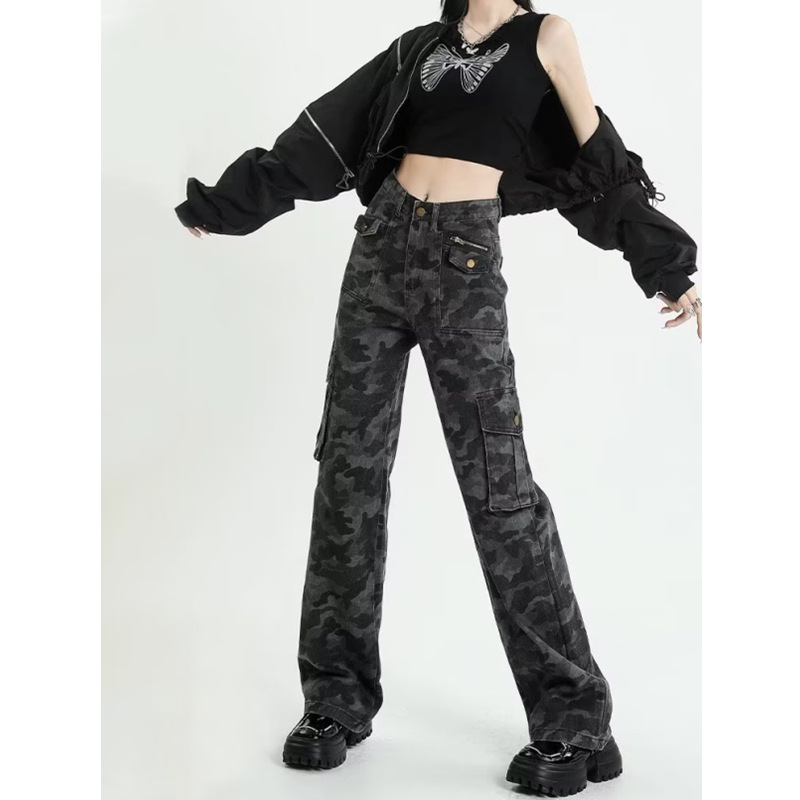 迷彩工装裤女美式高个子牛仔裤子辣妹阔腿裤迷彩服显瘦复古迷彩裤