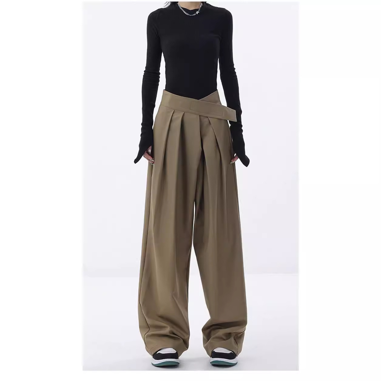 KEN STUDIO grey high-waisted drape suit pants Women's Velcro design Loose slimming wide-leg pants Application Scenario