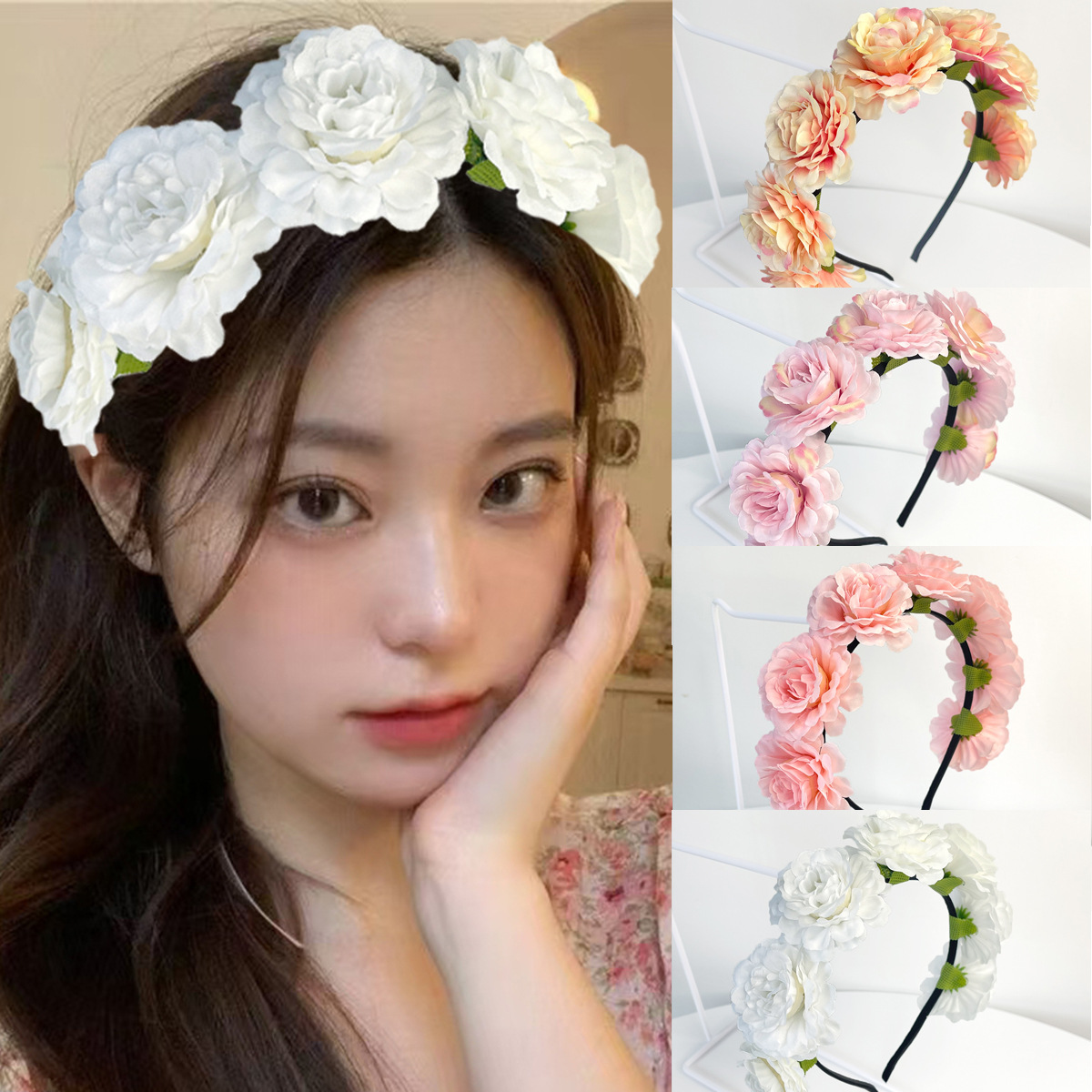 The new flower-shaped headband for spring and summer is fashionable for going out. The high top headband with a high-end feel is cute and pink. It's a New Year photo headband full figure
