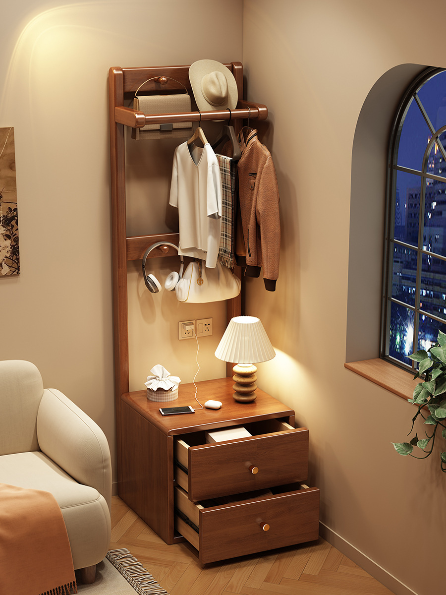 Solid Wood Coat And Hat Stand Floor To Floor Hangers Small Apartment Type Entryway Shelf Bedroom Bedside Table One Clothes Storage Rack details Picture