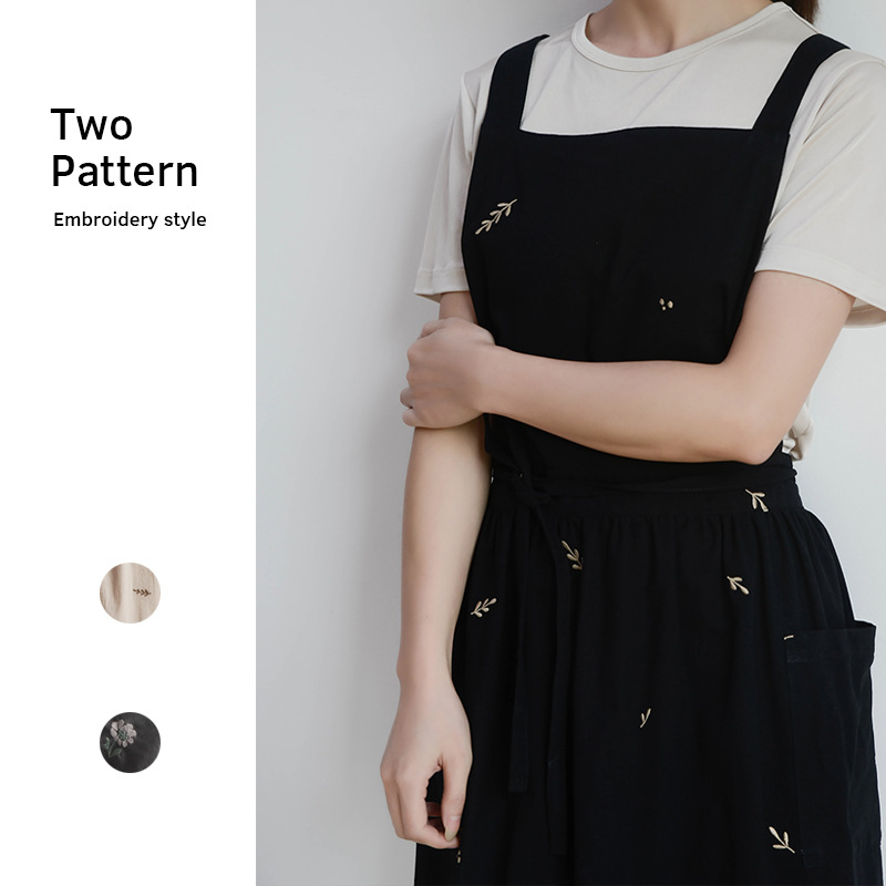 Cross-Border Korean Version Of Embroidery Cotton Kitchen Apron Housework With Pockets Cotton Linen Waterproof Apron Waist Factory Wholesale details Picture