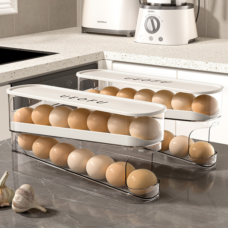 Slide Type Egg Carton Double Layer Automatic Egg Roller For Refrigerator Side Door Kitchen Countertop Egg Storage Box Application Scenario