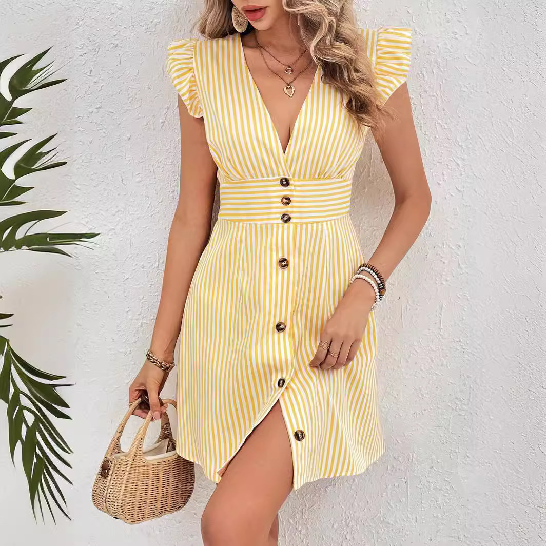 New summer cross-border women's clothing from Europe and America in stock. Amazon summer style striped printed V-neck fly-sleeve dress details Picture