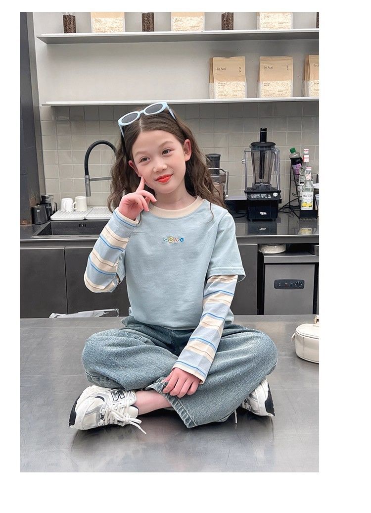 女童假两件上衣洋气t恤儿童网红长袖打底衫中大童装2025新款代发详情8