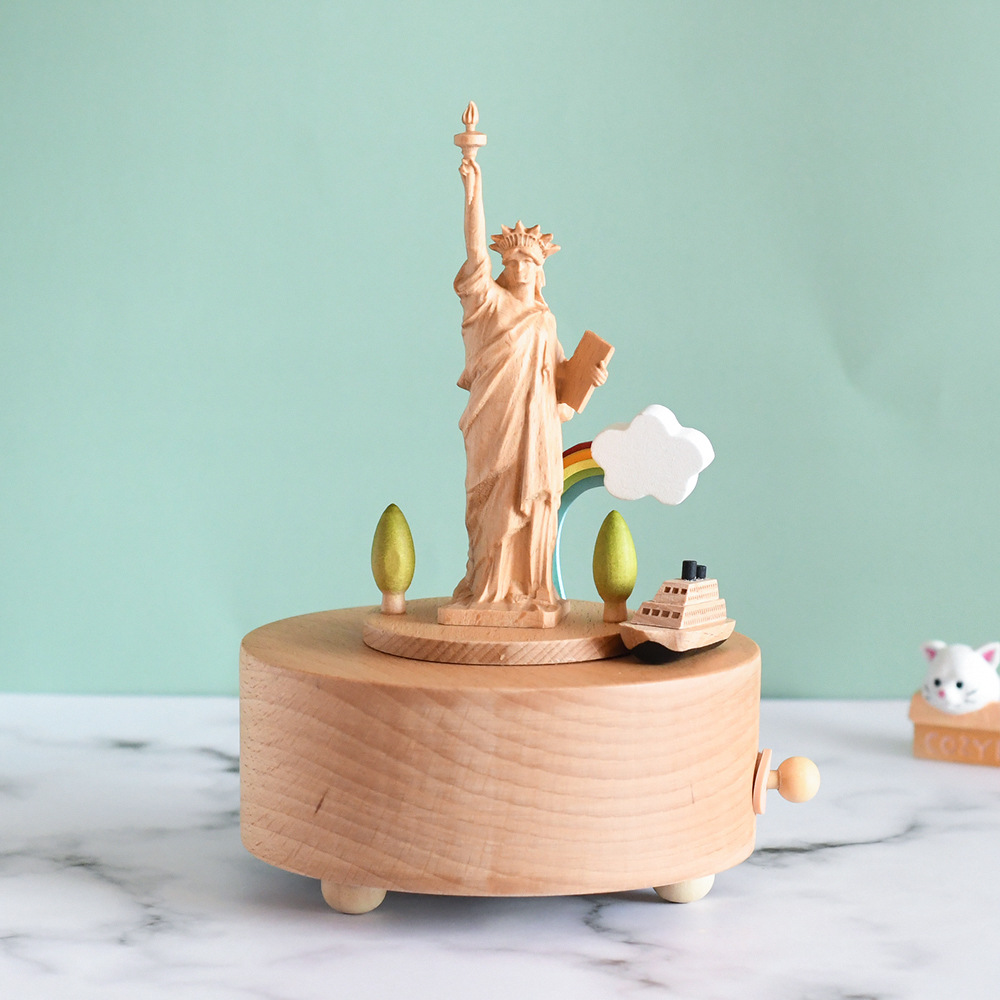 跨境现货美式女神像木质制立体精雕音乐盒船八音盒家居摆件工艺品