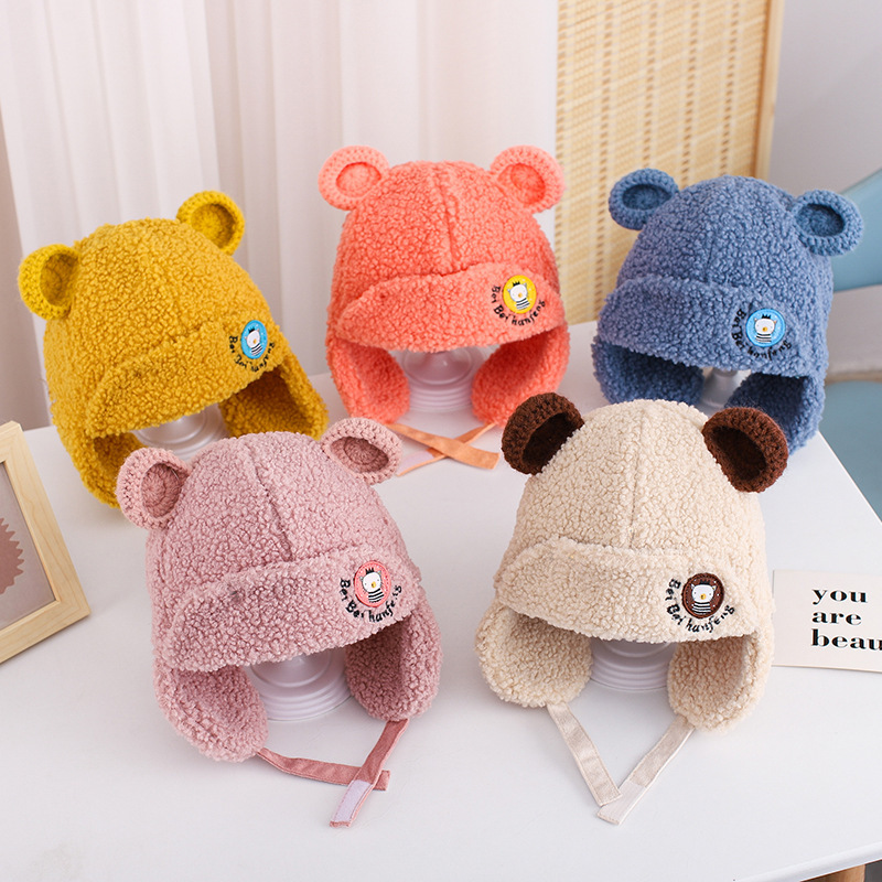 Autumn and winter new children's Lei Feng caps warm ear protection caps lamb fur bear ears boys and girls pullover caps 2-4 years old