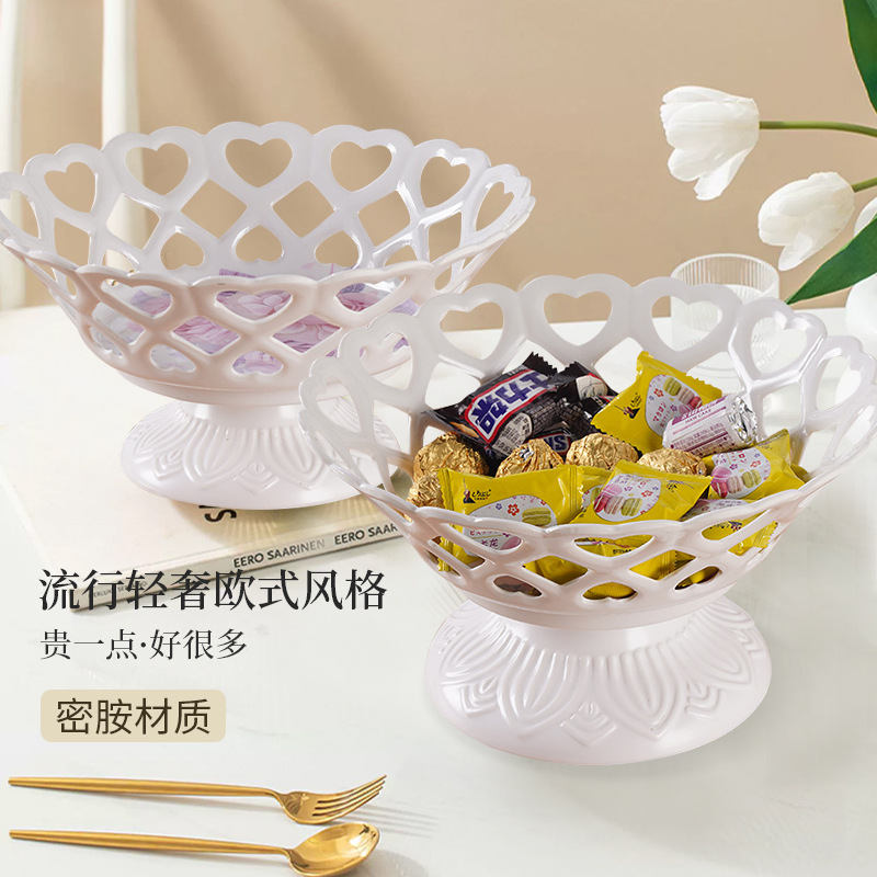 心形镂空带座可拆卸贴花密胺水果盘仿瓷创意餐具瓜子花生果盘果篮产品图