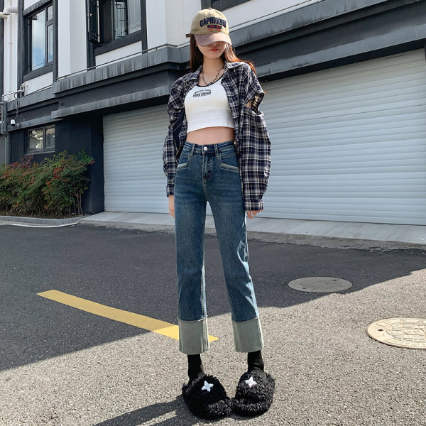 Rolled-up high-waisted straight-leg jeans for women in spring, Korean style, elastic and slimming, making you look petite. Trendy cigarette tube pants