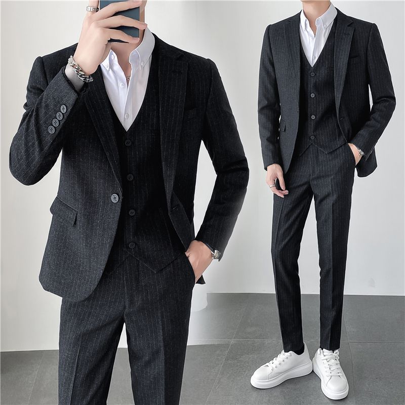 ins light-mature Korean style slim-fit men's casual striped suit three-piece set details Picture