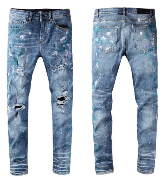 AMIRI brand's best-selling high street blue ripped jeans, men's patchwork slim stretch denim trousers wholesale price Item Picture
