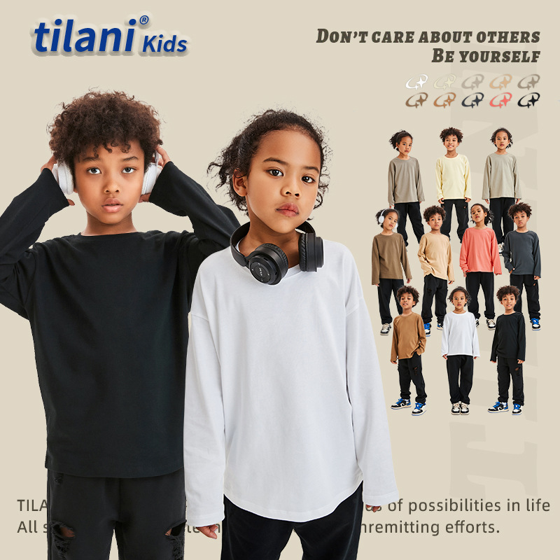 TILANI niños europa y américa trendy marca 230G primavera otoño niño manga larga camiseta leggings hollow color sólido bebé top