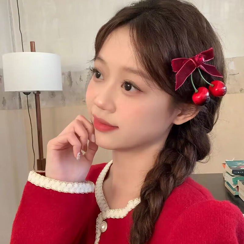 Winter Vibe Cherry Red Velvet Hair Clip With Bow New Year Children's Red Festive Festive Hair Clip details Picture