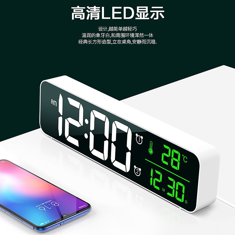亚马逊爆款电子闹钟镜面大屏数字LED音乐挂钟插电版时钟外贸厂家