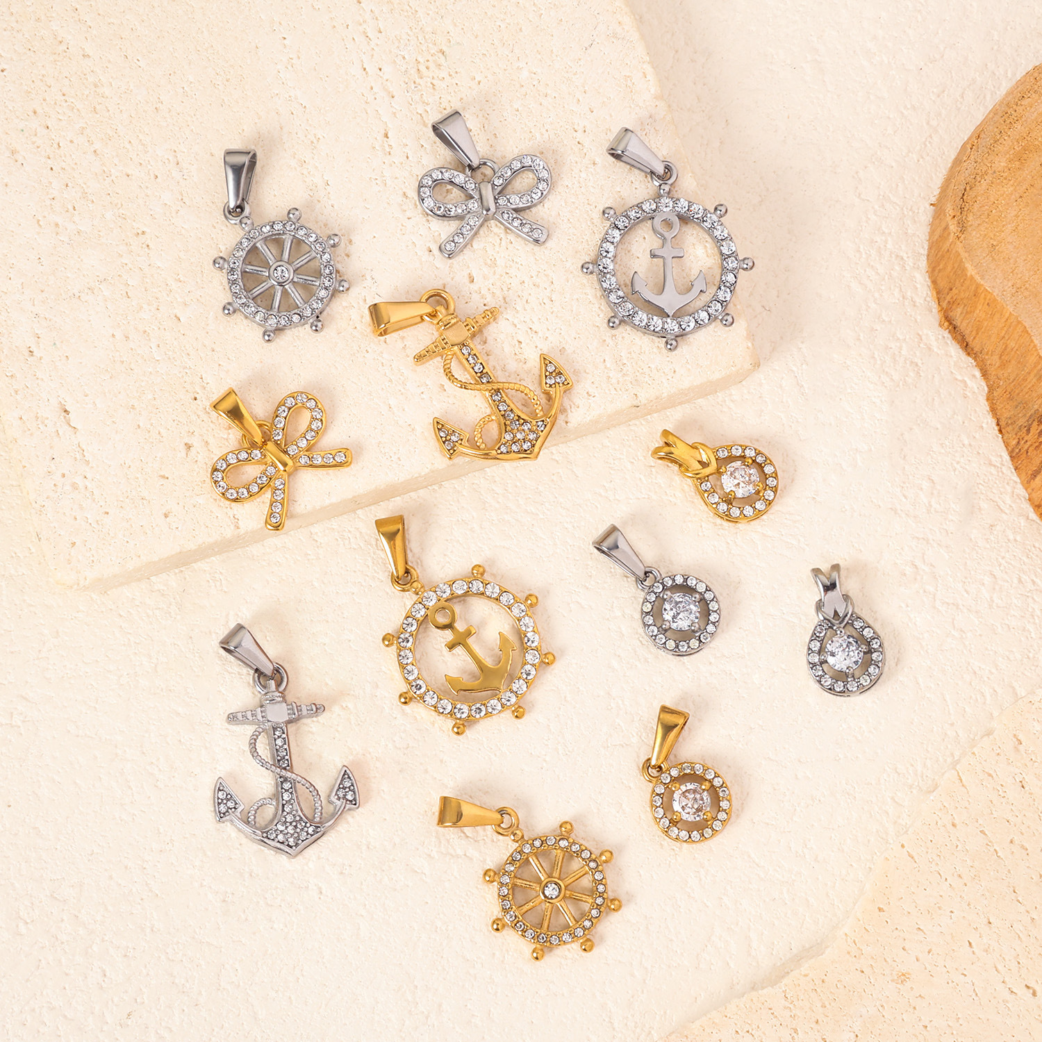 跨境新款简约不锈钢单吊坠蝴蝶结船舵船锚个性项链配饰挂件批发详情2