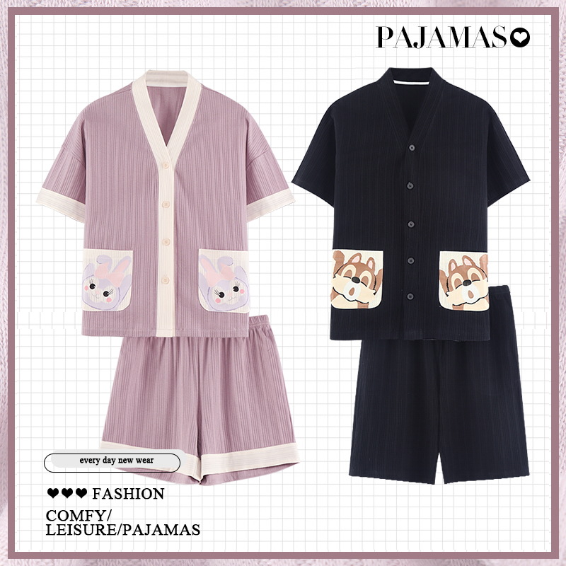 Couple pajamas, women's summer thin all-cotton short-sleeved Japanese kimono, cute cartoon skin-friendly men's simple home wear Item Picture