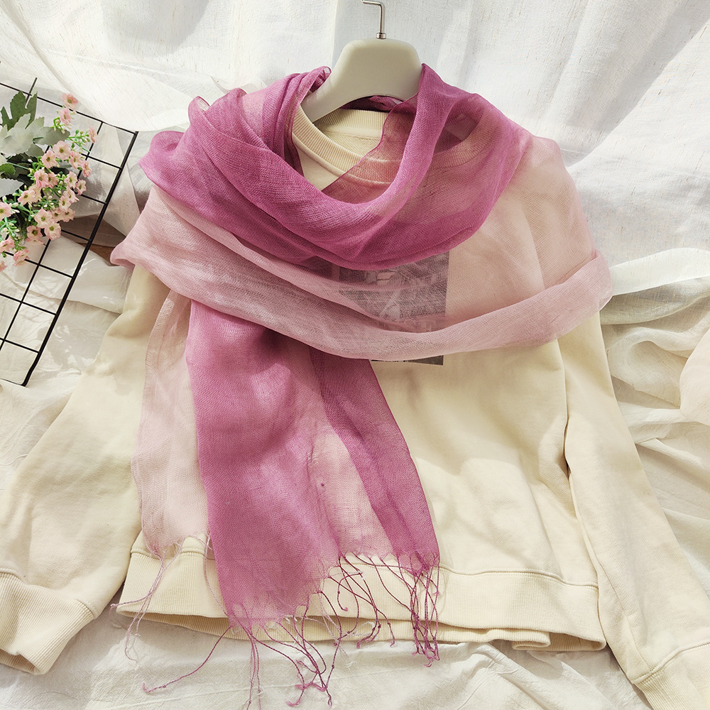 National Style Color Hand-Painted Scarf Literary Retro Linen Scarf Female Gradient Color Cotton Hemp Scarf Thin Shawl Foreign Trade Application Scenario