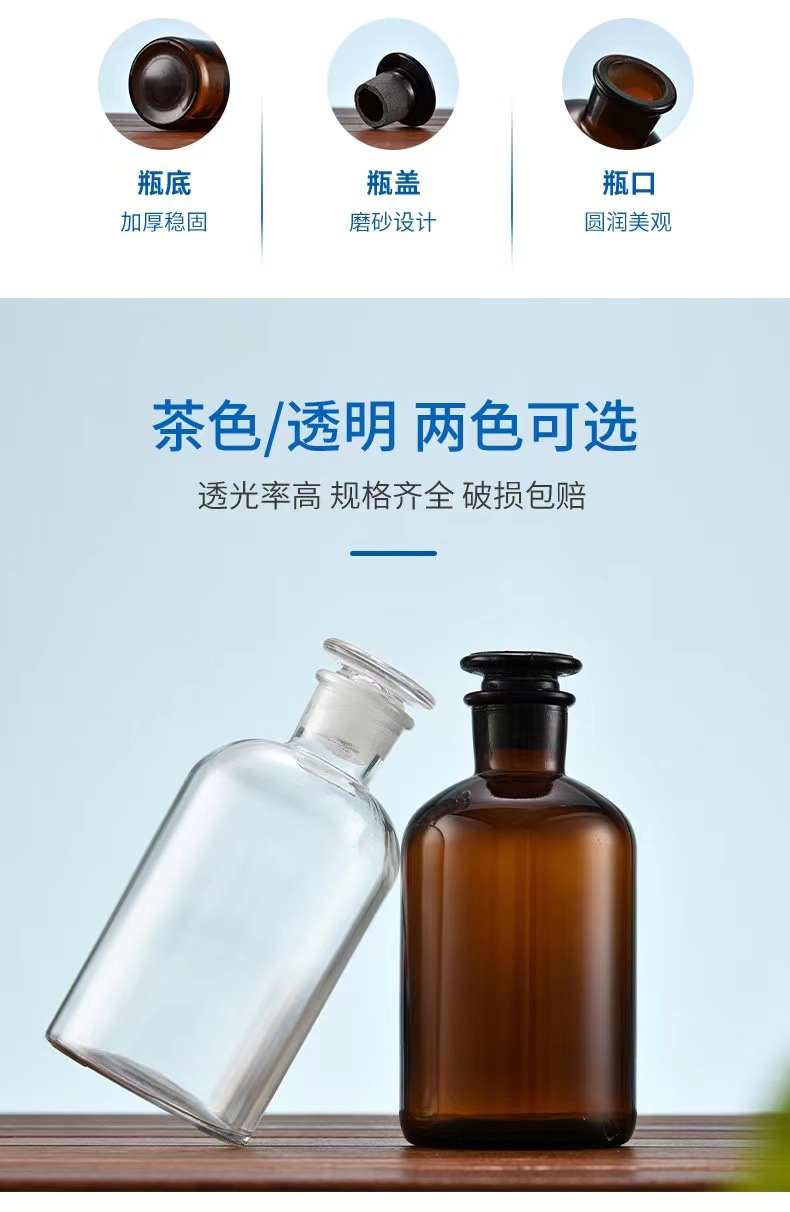 Thickened Wide-Mouth Glass Bottle Reagent Bottle Frosted Medical Bottle Dispenser Wide-Mouth Bottle Glass Chemical Bottle Brown Transparent Specification drawing