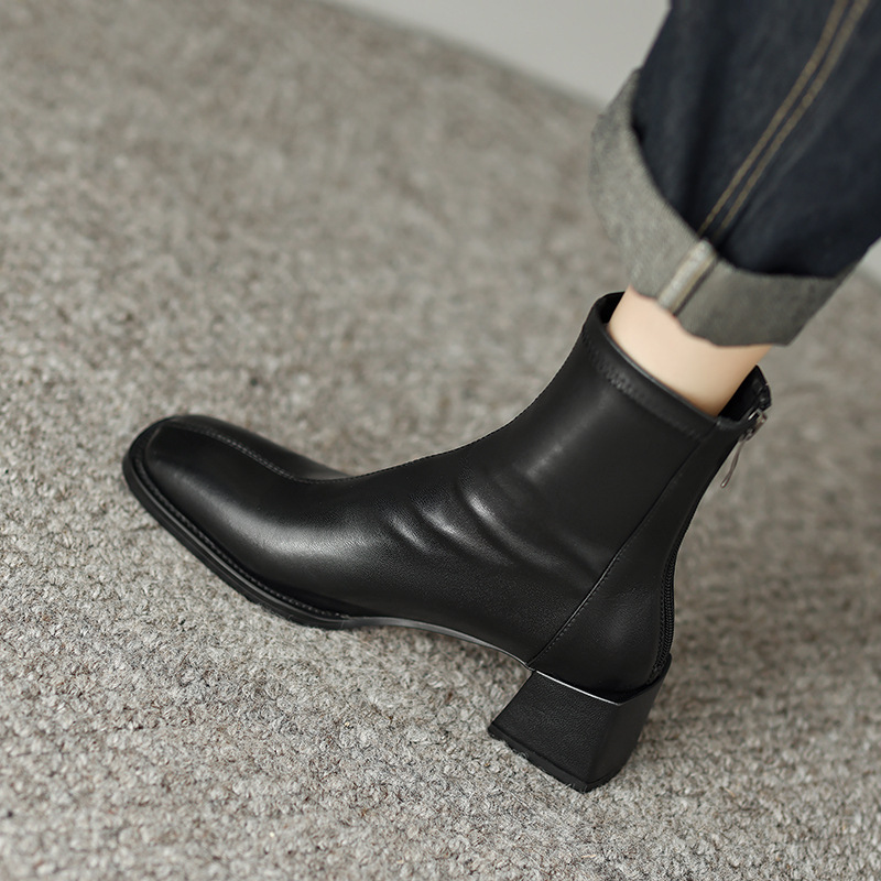 4.5CM 巨软羊皮短靴女靴子秋季新款短筒瘦瘦靴粗跟女式皮靴