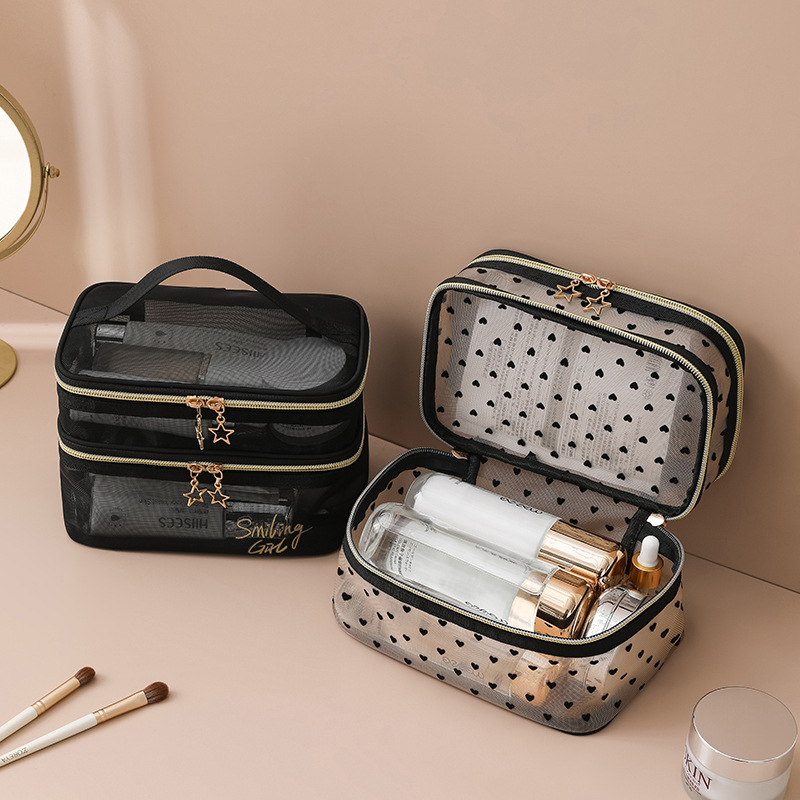 Amazon Hot Transparent Mesh Storage Bag Large Capacity Double Mesh Makeup Bag Portable Mesh Toiletry Bag details Picture