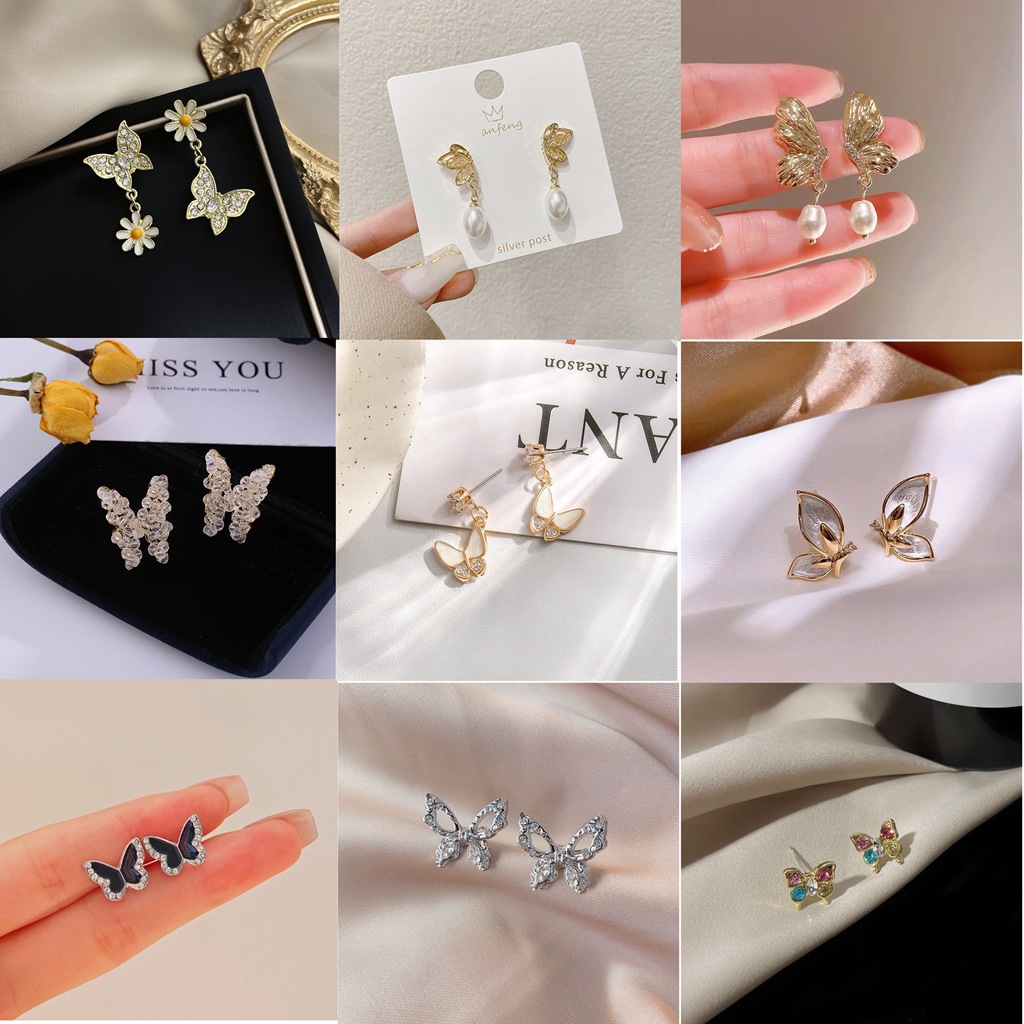 跨境热销水晶蝴蝶耳环女爆款百搭轻奢小香风时尚耳钉气质耳饰合集