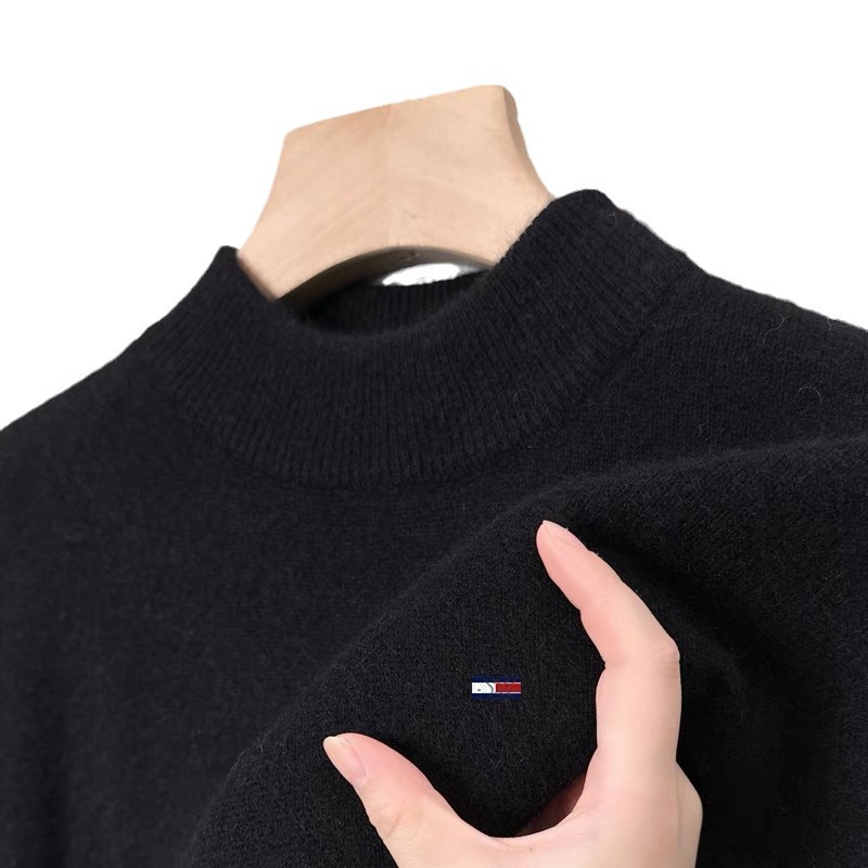 Authentic Tommy 100% wool sweater from the United States, men's semi-high neck wool sweater, casual knitted sweater for middle-aged and young people, plus-size Item Picture