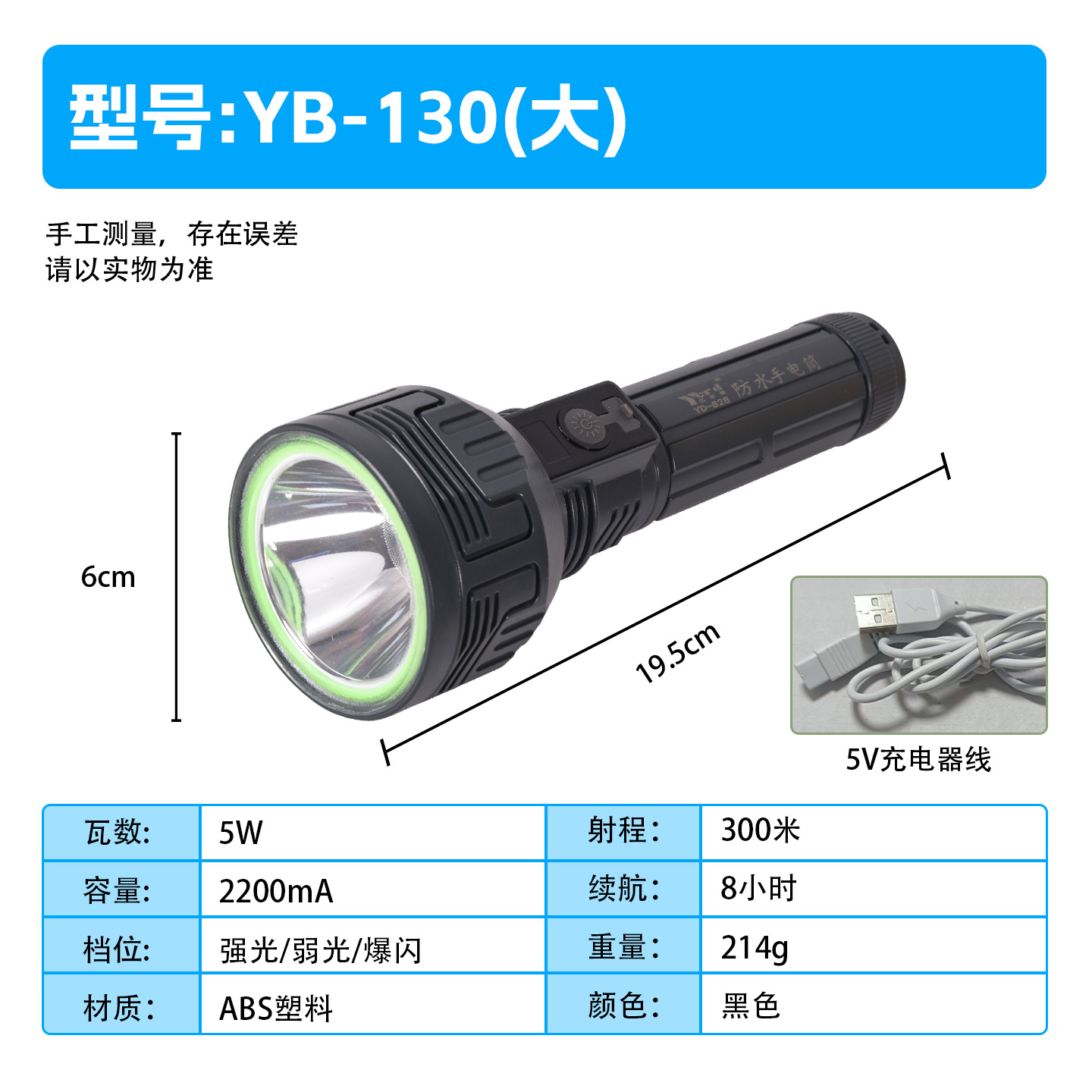 防水防爆手电筒强光爆亮长续航可充电超亮远射家用户外徒步巡逻用详情11