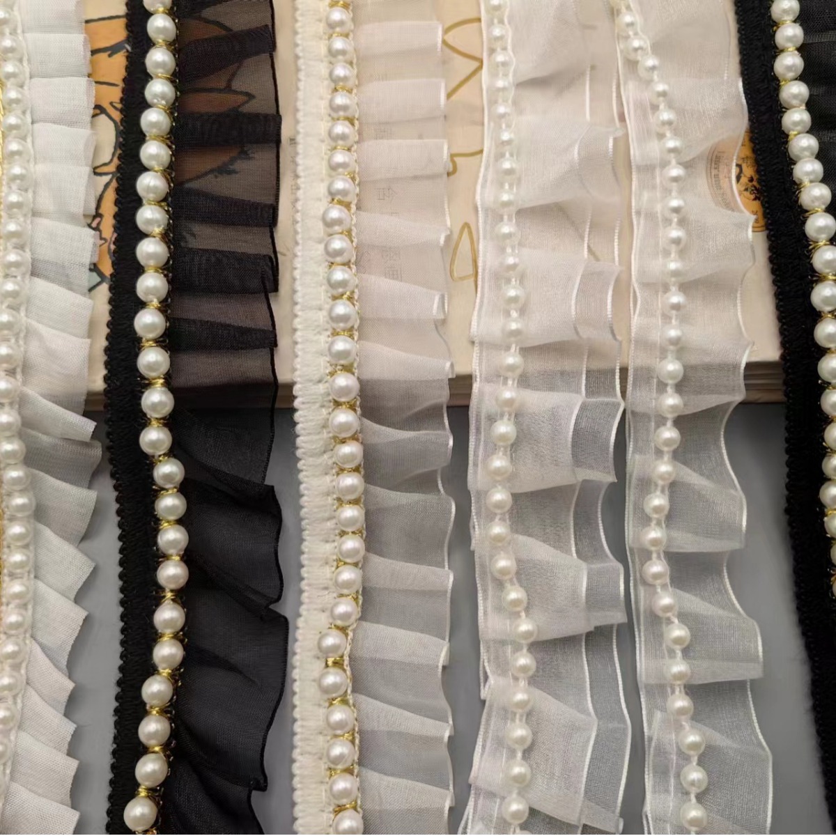 现货批发打褶2.5CM雪砂带车4里5 里6里珍珠花边服饰衣领连衣裙