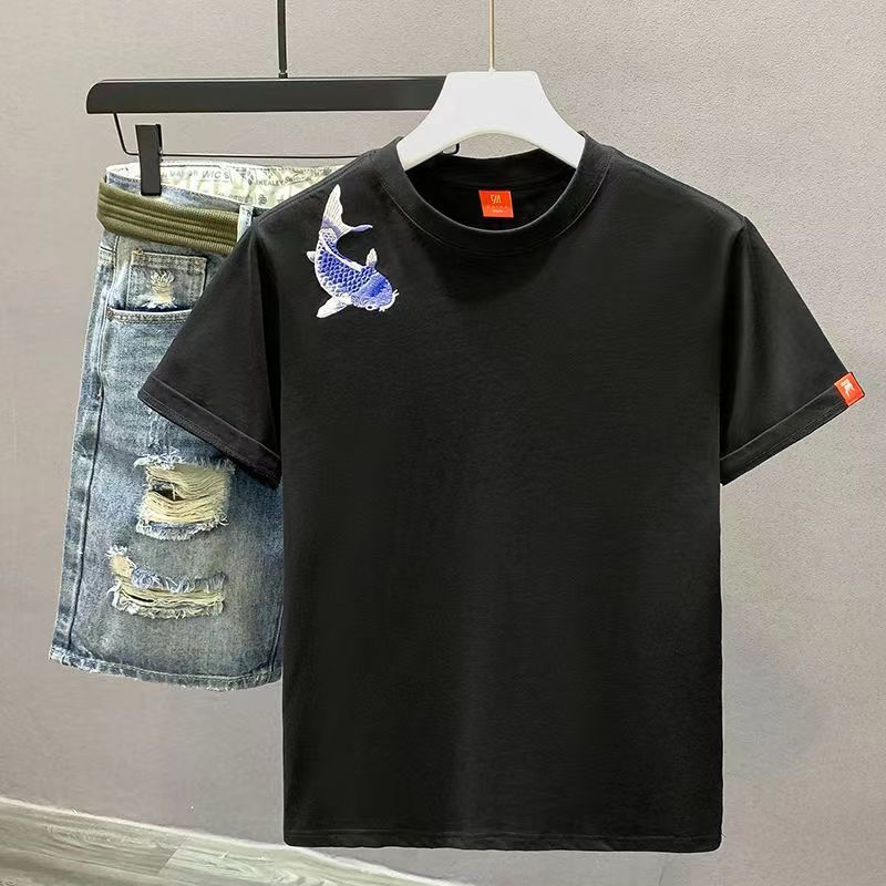 Summer embroidered fish Chinese style 2024 short-sleeved T-shirt for men, trendy men's wear, ins top, casual and loose T-shirt, Chinese style Application Scenario
