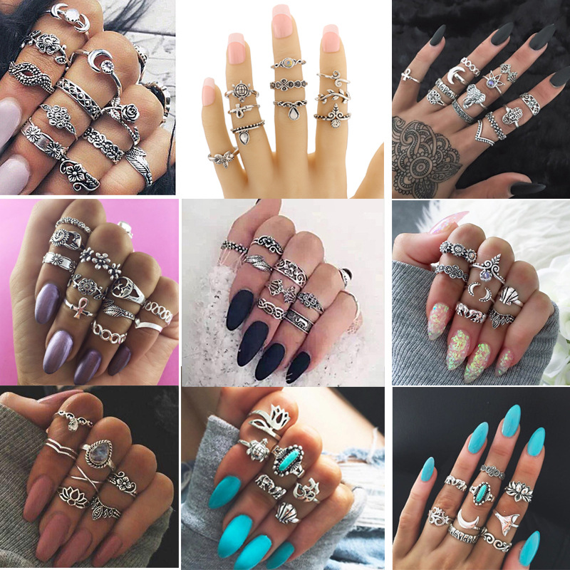 欧美流行套装戒指 复古多元素组合多件套戒指 几何型女式戒指