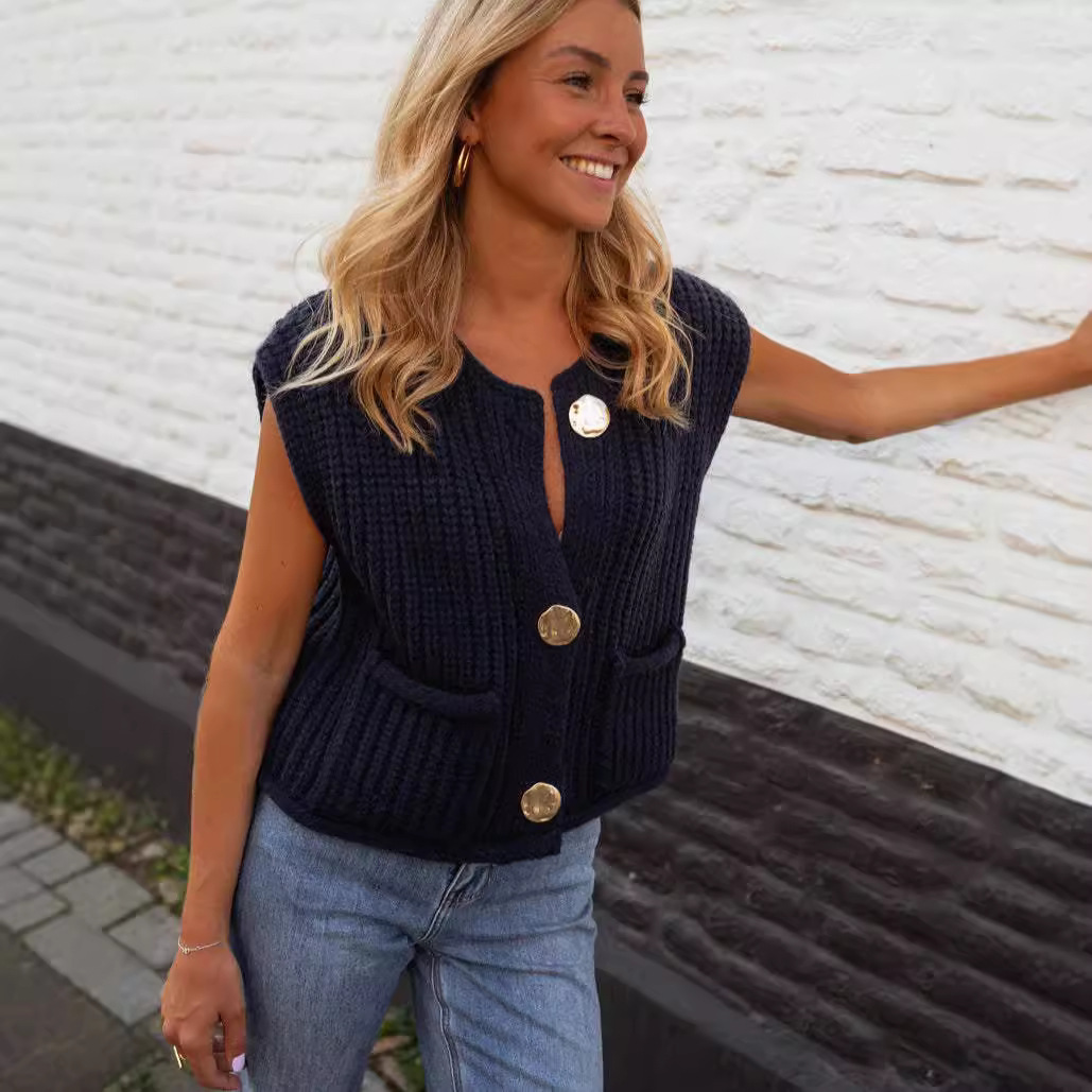 Amazon's new Spring and Autumn 2025 style pocket sleeveless short knitted cardigan, vest, sweater top for women Specification image